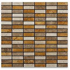 Mixed Travertine Tumbled Single Strip Mosaic Tile - 6