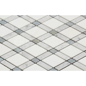 Carrara White Italian (Bianco Carrara) Marble Lattice (Thassos + Carrara + Blue & Gray) Mosaic Tile, Honed - Tilefornia