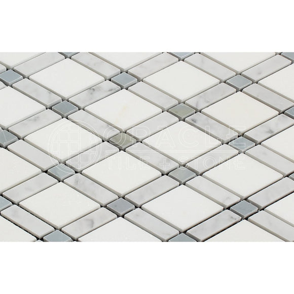 Carrara White Italian (Bianco Carrara) Marble Lattice (Thassos + Carrara + Blue & Gray) Mosaic Tile, Polished - Tilefornia