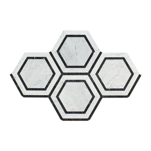 Carrara White Italian (Bianco Carrara) Marble 5 inch Hexagon Combination with Blue & Gray Ribbon Mosaic Tile, Honed - Tilefornia