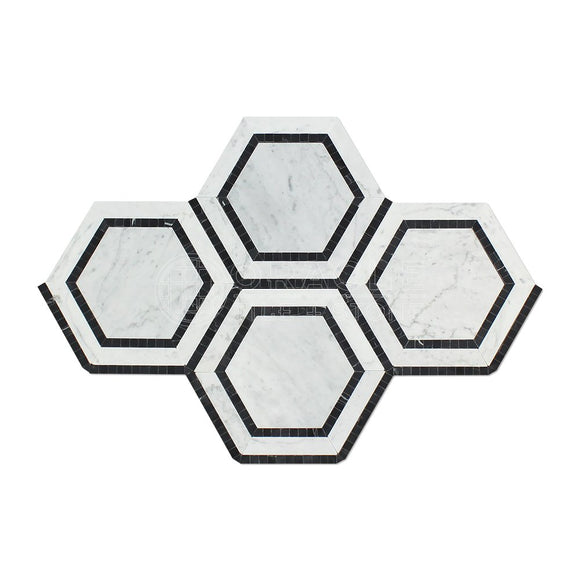 Carrara White Italian (Bianco Carrara) Marble 5 inch Hexagon Combination with Blue & Gray Ribbon Mosaic Tile, Honed - Tilefornia