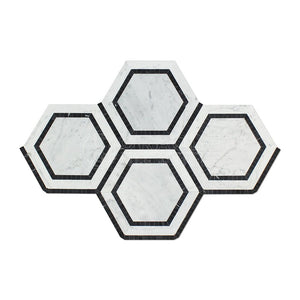 Carrara White Italian (Bianco Carrara) Marble 5 inch Hexagon Combination Mosaic Tile with Black Ribbon, Polished - Tilefornia