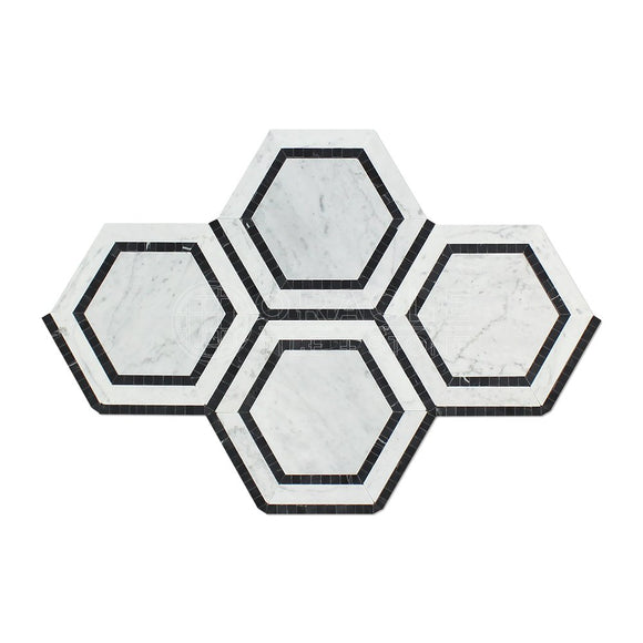 Carrara White Italian (Bianco Carrara) Marble 5 inch Hexagon Combination Mosaic Tile with Black Ribbon, Polished - Tilefornia