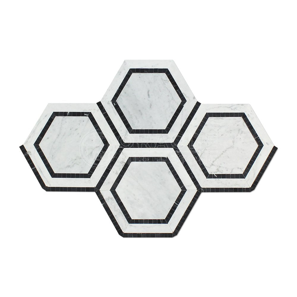 Carrara White Italian (Bianco Carrara) Marble 5 inch Hexagon Combination with Blue & Gray Ribbon Mosaic Tile, Polished - Tilefornia