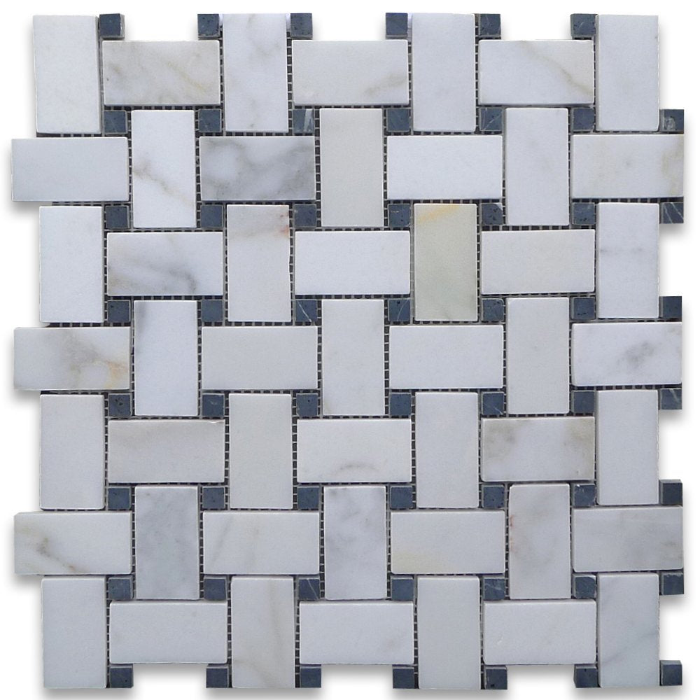 Calacatta Gold (Italian Calcutta) Marble Basketweave Mosaic Tile with Black Marble Dots, Honed - Tilefornia
