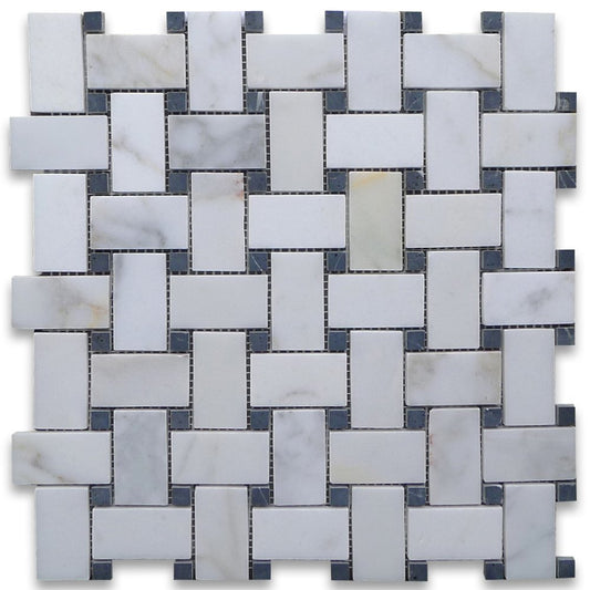 Calacatta Gold (Italian Calcutta) Marble Basketweave Mosaic Tile with Black Marble Dots, Honed - Tilefornia