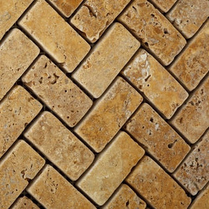 Gold / Yellow Travertine Tumbled Herringbone Mosaic Tile - 6" X 6" Sample - Tilefornia
