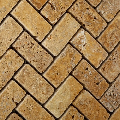 Gold / Yellow Travertine Tumbled Herringbone Mosaic Tile - 6