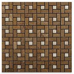 Ivory Travertine Tumbled Mini-Pinwheel Mosaic Tile w/ Noce Dots - Lot of 50 sq. ft. - Tilefornia