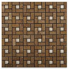 Noce Travertine Tumbled Mini-Pinwheel Mosaic Tile w/ Ivory Dots - 6" X 6" Sample - Tilefornia