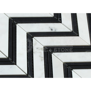 Carrara White Italian (Bianco Carrara) Marble Large Chevron Mosaic Tile with Black Marble Strips, Polished - Tilefornia