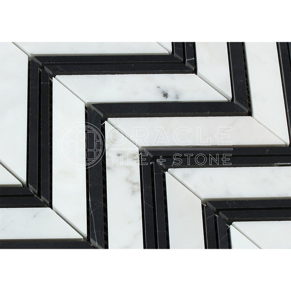 Carrara White Italian (Bianco Carrara) Marble Large Chevron Mosaic Tile with Black Marble Strips, Honed - Tilefornia