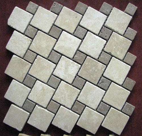 Turned Shape 2x2 TUMBLE Beige & Noce Travetine Mosaics Meshed on 12x12 Tiles for Backsplash, Shower Walls, Bathroom Floors - Tilefornia