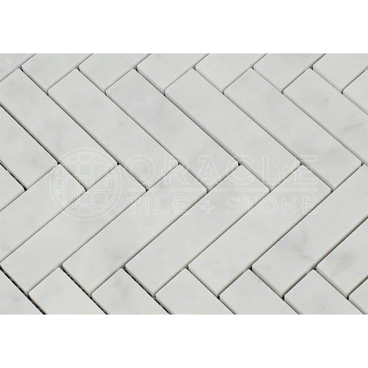 Carrara White Italian (Bianco Carrara) Marble 1 X 4 Herringbone Mosaic Tile, Honed - Tilefornia