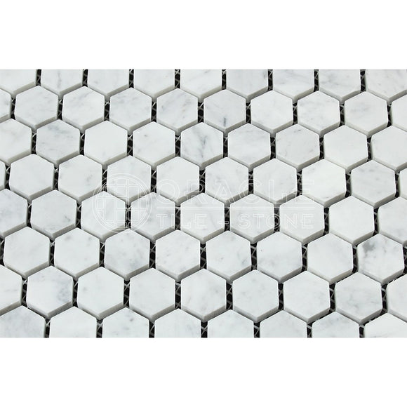 Carrara White Italian (Bianco Carrara) Marble 1 inch Hexagon Mosaic Tile, Polished - Tilefornia
