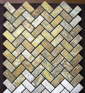 Herringbone 1x2 TUMBLE Gold Yellow Travertine For Kitchen Bathroom Backsplash, Shower Walls & Flooring - Tilefornia