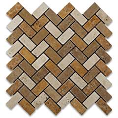 Ivory Travertine Tumbled Herringbone Mosaic Tile - 6" X 6" Sample - Tilefornia