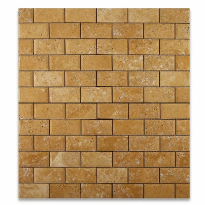 Gold / Yellow Travertine 2 X 4 Beveled Brick Mosaic Tile - Box of 5 sq. ft. - Tilefornia