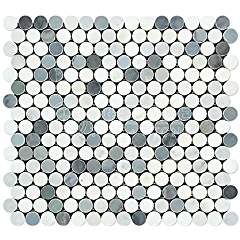 Oriental White (Eastern White) Marble Penny Round Mosaic Tile with Blue & Gray Marble Dots, Honed - Tilefornia