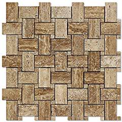 Noce Vein-Cut Travertine Basketweave Mosaic Tile, Brushed & Unfilled (LOT of 50 SHEETS) - Tilefornia