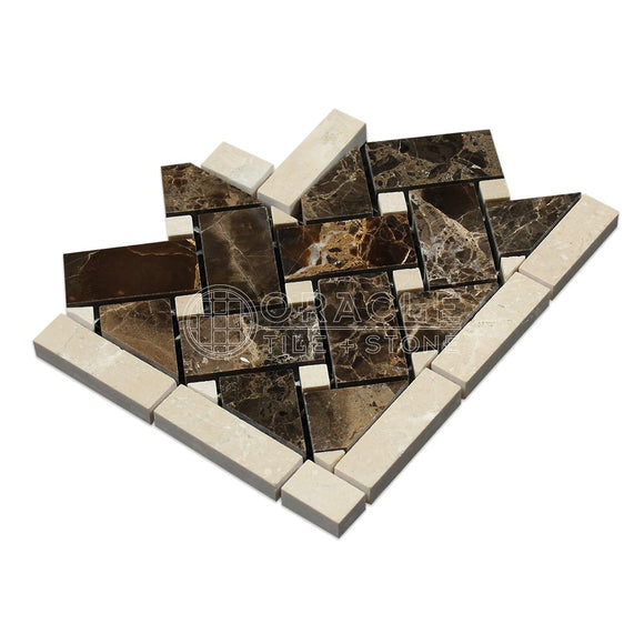 Emperador Dark Spanish Marble Basketweave Border Corner Tile with Crema Marfil Marble Dots, Polished - Tilefornia