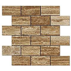 Noce Vein-Cut Travertine 2 X 4 Brick Mosaic Tile, Polished (LOT of 5 SHEETS) - Tilefornia