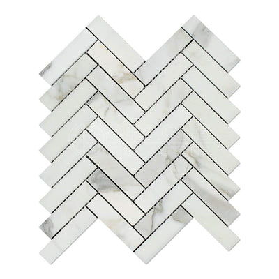 White Calacatta Gold Marble Herringbone Mosaic Tile 1x4, Honed