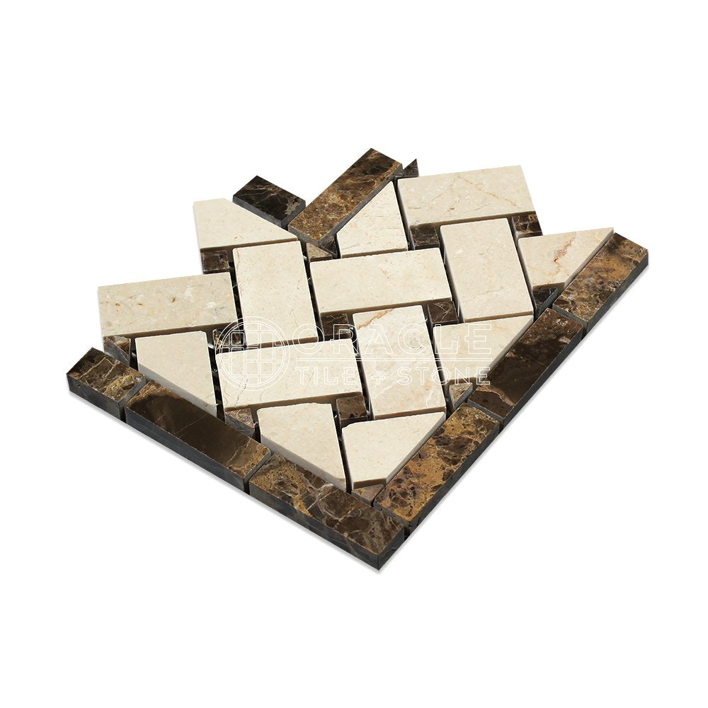 Crema Marfil Spanish Marble Basketweave Border Corner Tile with Emperador Dark Marble Dots, Polished - Tilefornia