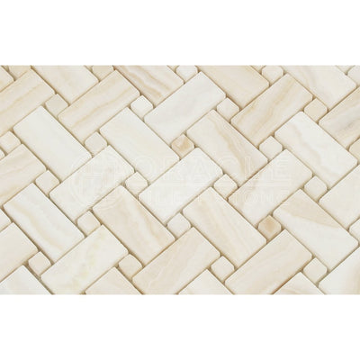 White Onyx Basketweave Mosaic Tile with White Dots, Polished & Vein-Cut