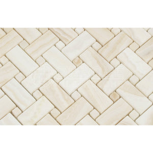 White Onyx Basketweave Mosaic Tile with White Onyx Dots, Vein-Cut, Polished - Lot of 50 Sheets - Tilefornia