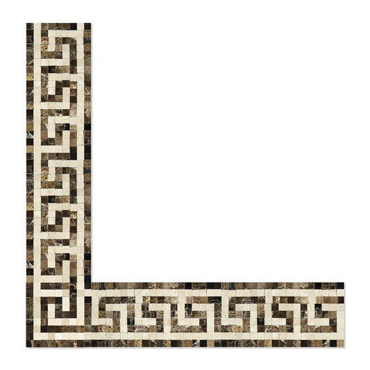 Emperador Dark Spanish Marble Greek Key Border Corner with Crema Marfil Marble, Polished - Tilefornia