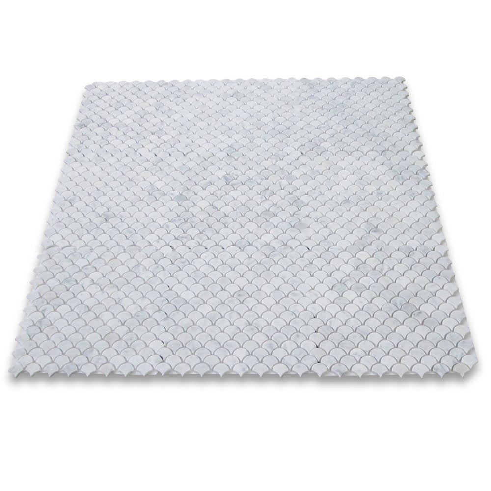 Carrara White Italian Carrera Marble Medium Fan Shaped Fish Scale Mosaic Tile Honed - Tilefornia