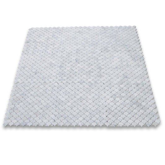 Carrara White Italian Carrera Marble Medium Fan Shaped Fish Scale Mosaic Tile Honed - Tilefornia