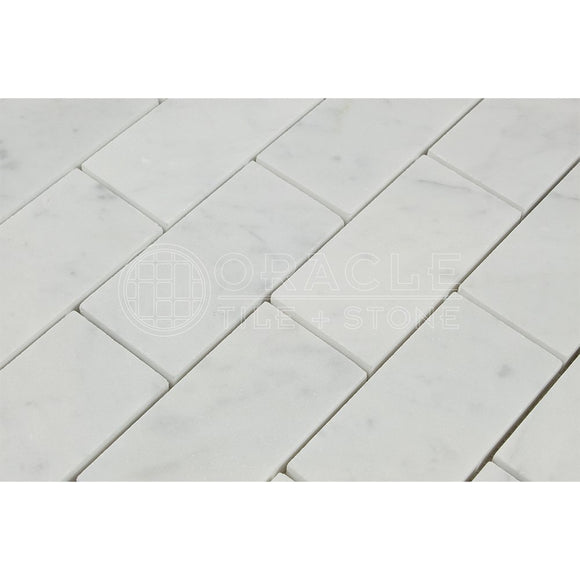 Carrara White Italian (Bianco Carrara) Marble 2 X 4 Brick Mosaic Tile, Polished and Deep Beveled - Tilefornia