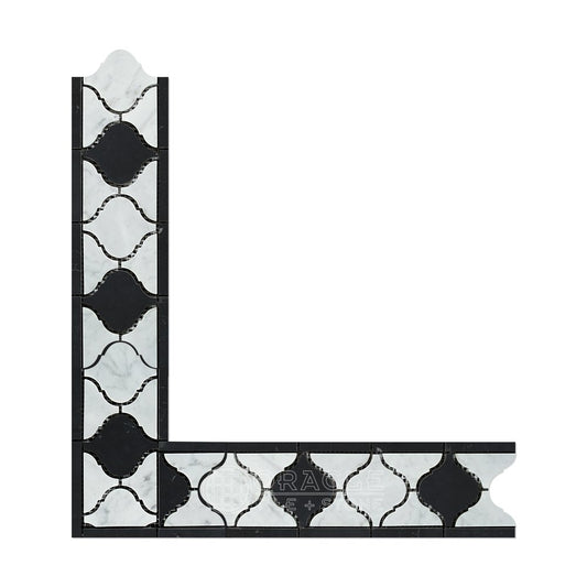 Carrara White Italian (Bianco Carrara) Marble Lantern Border Corner with Black Marble, Honed - Tilefornia