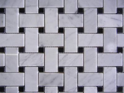 White Carrara Marble Basketweave Mosaic Tile 1x2, Polished