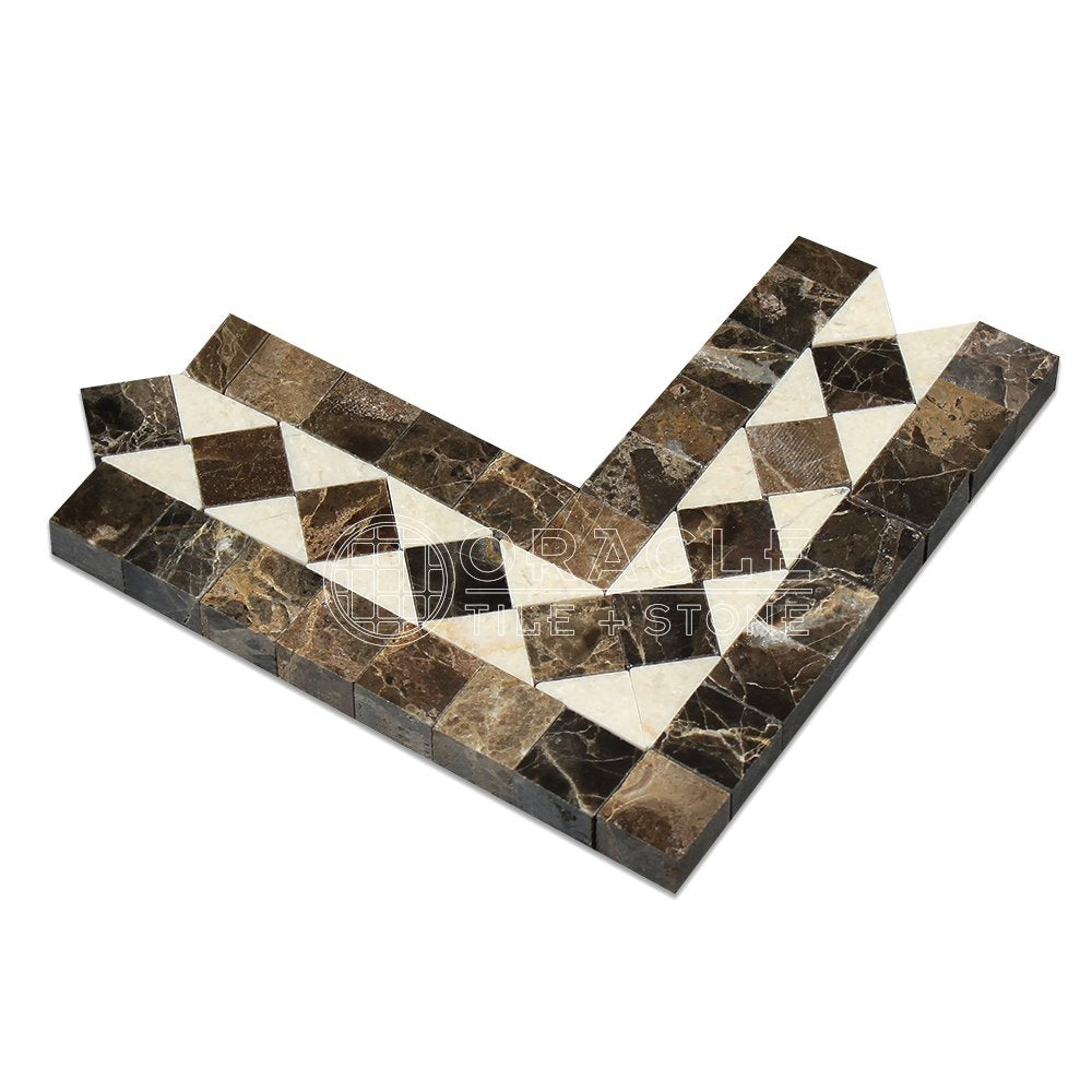 Emperador Dark Spanish Marble BIAS Border Corner with Crema Marfil Marble Dots, Polished - Tilefornia