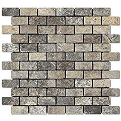 Silver Travertine 1 X 2 Brick Mosaic Tile, Tumbled (6" X 6" Sample) - Tilefornia