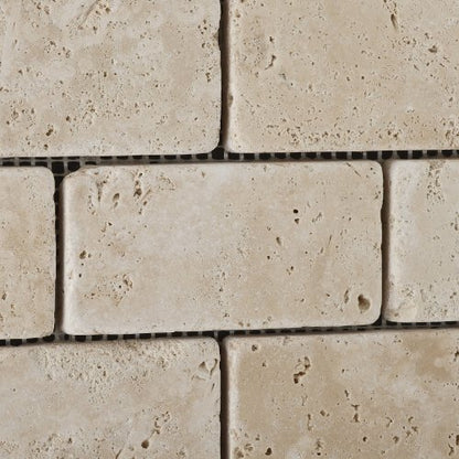 Ivory Travertine 2 X 4 Tumbled Brick Mosaic Tile - 6" X 6" Sample - Tilefornia