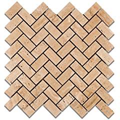 Mut Mocha Travertine Herringbone Polished Mosaic Tile - 6" X 6" Sample - Tilefornia