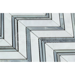 Carrara White Italian (Bianco Carrara) Marble Large Chevron Mosaic Tile with Blue & Gray Marble Strips, Honed - Tilefornia