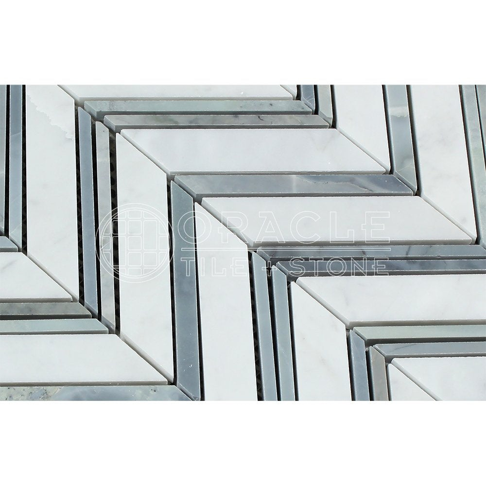 Carrara White Italian (Bianco Carrara) Marble Large Chevron Mosaic Tile with Blue & Gray Marble Strips, Polished - Tilefornia