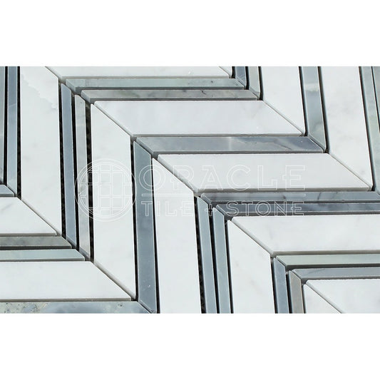 Carrara White Italian (Bianco Carrara) Marble Large Chevron Mosaic Tile with Blue & Gray Marble Strips, Polished - Tilefornia