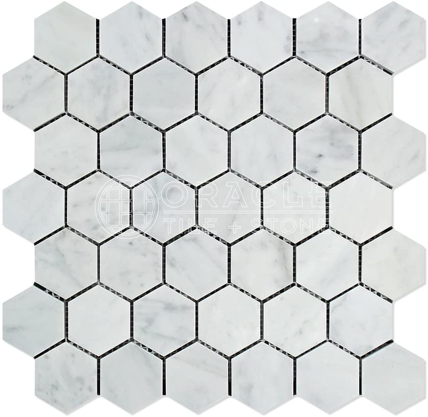 ITALIAN WHITE CARRARA 2" Polished Hexagon Mosaic Tiles - 5 Sheets - Tilefornia