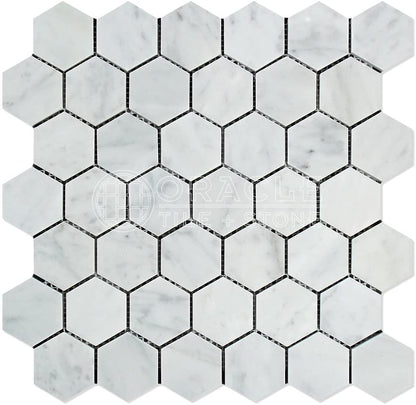 ITALIAN WHITE CARRARA 2" Polished Hexagon Mosaic Tiles - 5 Sheets - Tilefornia