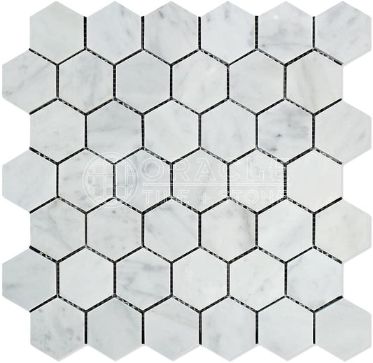ITALIAN WHITE CARRARA 2" Polished Hexagon Mosaic Tiles - 5 Sheets - Tilefornia