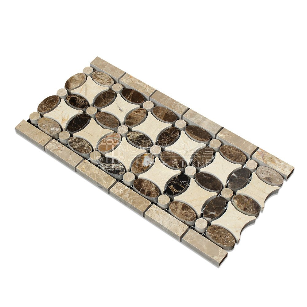 Emperador Dark Spanish Marble Florida Flower Border with Crema Marfil Marble, Polished - Tilefornia