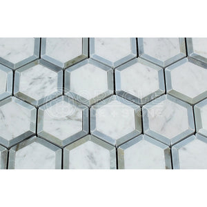 Carrara White Italian (Bianco Carrara) Marble Vortex Hexagon with Blue & Gray Strips, Honed - Tilefornia