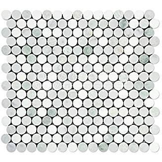 Thassos White Greek Marble Penny Round Mosaic Tile with Ming Green, Honed - Tilefornia