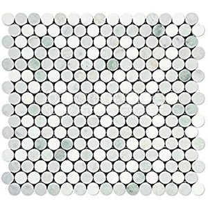 Thassos White Greek Marble Penny Round Mosaic Tile with Ming Green, Polished - Tilefornia